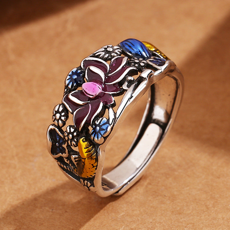Nimara Ritual Koi Fish Lotus Flower Leaf Design Luck Wealth Ring