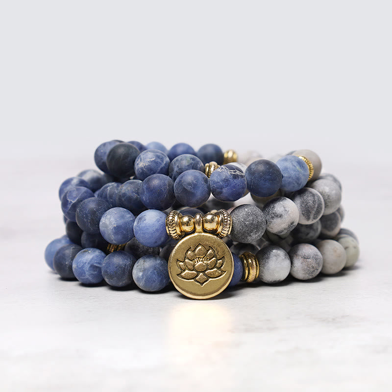 Nimara Ritual 108 Natural Stone Mala Bead Lotus Pendant Bracelet