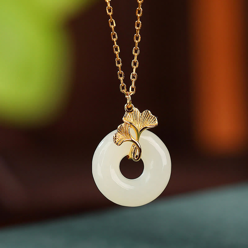 Nimara Ritual 925 Sterling Silver Natural Hetian Jade Ginkgo Leaf Peace Buckle Luck Necklace Pendant