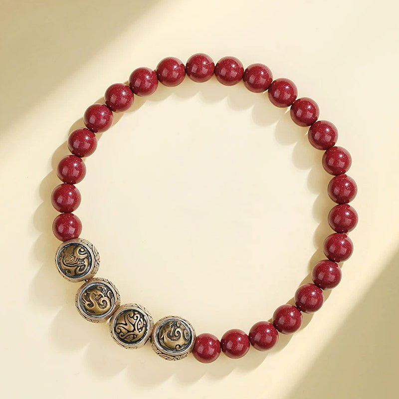 Nimara Ritual 925 Sterling Silver Natural Cinnabar Four Beasts Blessing Bracelet