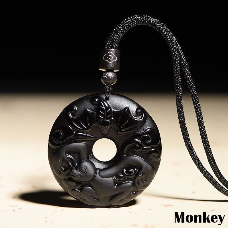 Nimara Ritual Chinese Zodiac Natural Black Obsidian Peace Buckle Strength Necklace Pendant