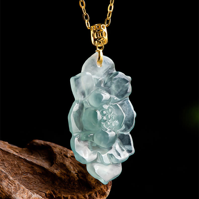 Nimara Ritual Natural Jade Lotus Pattern Prosperity Titanium Steel Chain Necklace Pendant