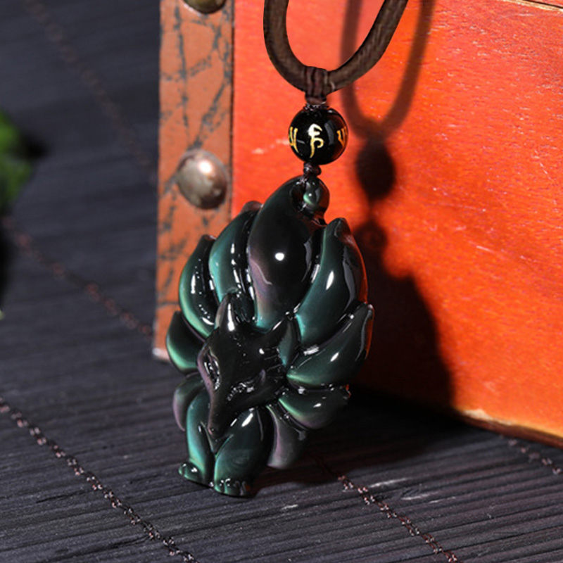 Nimara Ritual Natural Rainbow Obsidian Gold Sheen Obsidian Nine Tailed Fox Positive Necklace Pendant