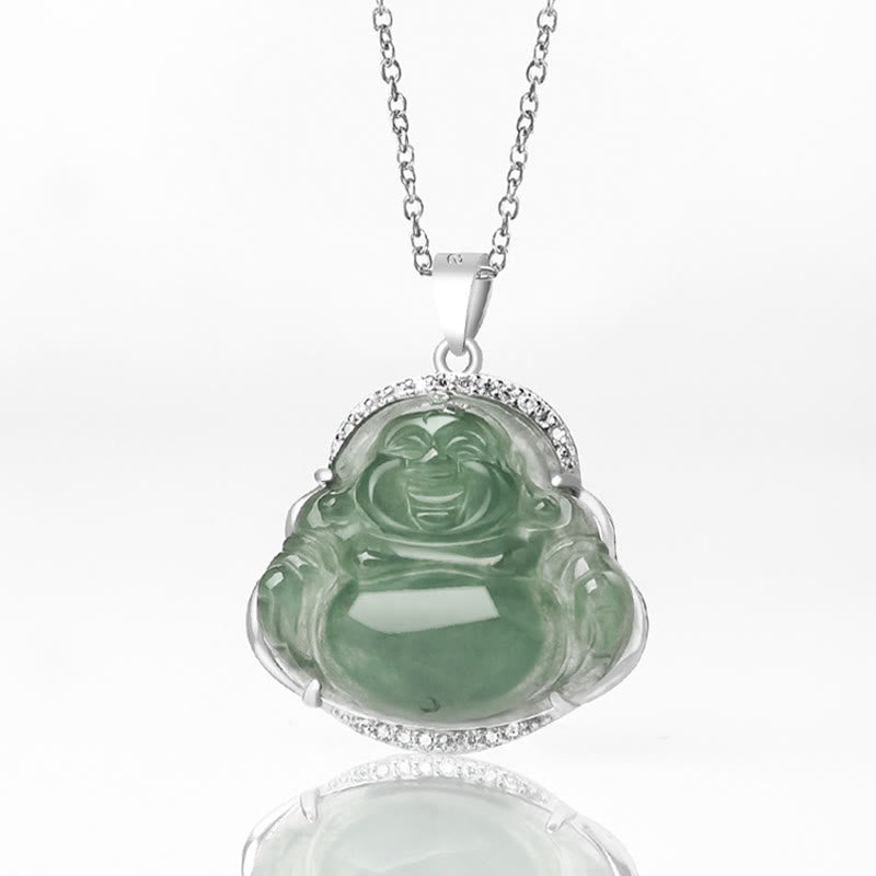 Nimara Ritual Laughing Buddha Natural Jade Luck Prosperity Necklace Titanium Steel Chain Pendant