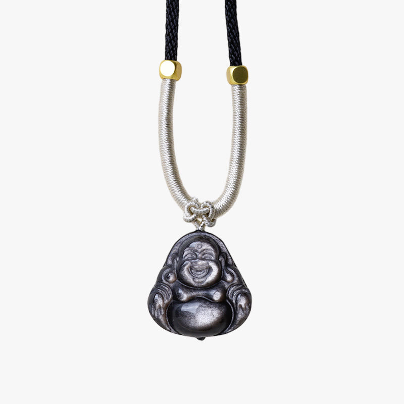 Nimara Ritual Natural Silver Sheen Obsidian Laughing Buddha Protection Necklace Pendant