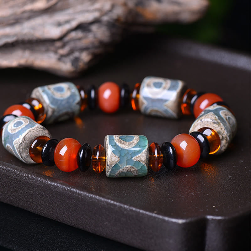 Nimara Ritual Tibetan Three-eyed Dzi Bead Agate Protection Happiness Bracelet