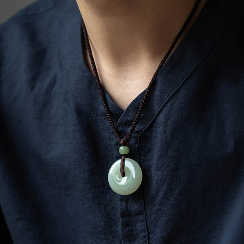 Nimara Ritual Natural Round Jade Peace Buckle Luck Prosperity Necklace Pendant