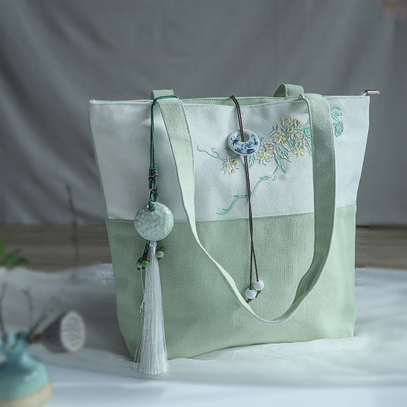 Nimara Ritual Pear Flower Plum Peach Blossom Bamboo Embroidery Canvas Large Capacity Shoulder Bag Tote Bag