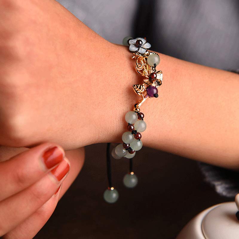 Nimara Ritual Green Aventurine Garnet Bead Flower Petal Luck Bracelet