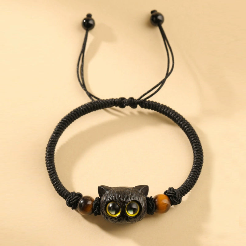 Nimara Ritual Cute Ebony Wood Cat Head Pattern Peace Bracelet