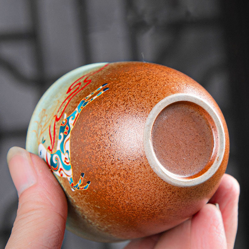 Nimara Ritual Colorful Deer Pipa Snow Plum Blossoms Mountains Rivers Bird Ceramic Teacup Kung Fu Tea Cup Bowl