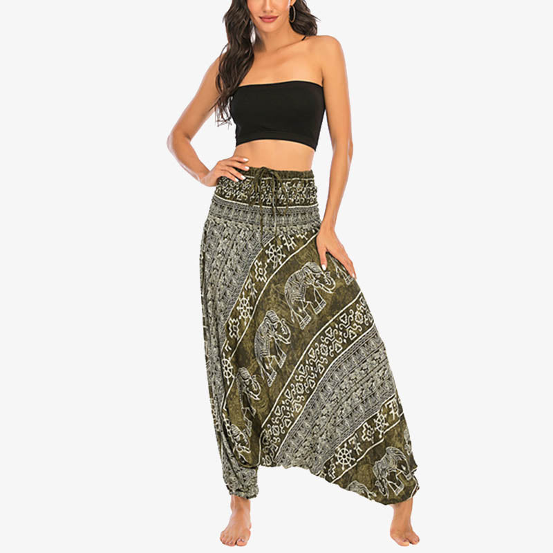 Nimara Ritual Two Style Wear Elephant Pattern Loose Smocked Harem Trousers Jumpsuit Women's Yoga Pants