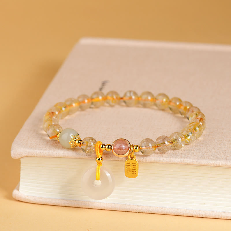 Nimara Ritual Natural Golden Rutilated Quartz Fu Character Peace Buckle Charm Wealth Bracelet