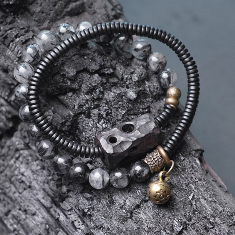 Nimara Ritual Black Rutilated Quartz Ebony Wood Copper Wisdom Couple Bracelet