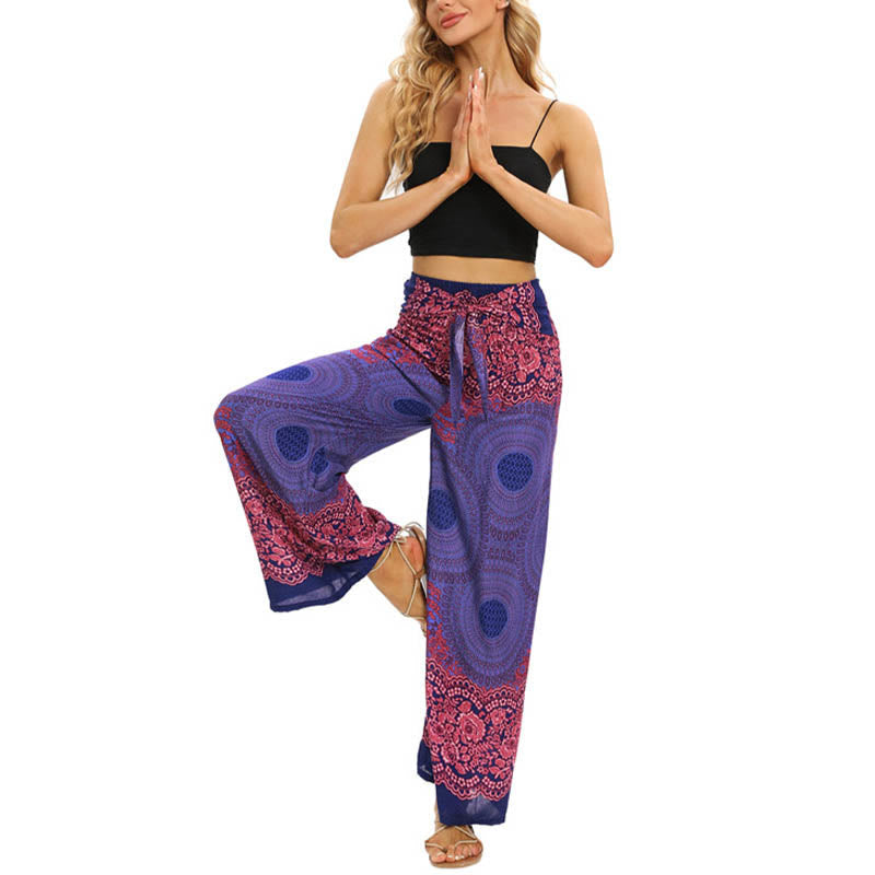 Nimara Ritual Bohemian Compass Flower Print Lace-up Wide Leg Pants Women's Yoga Pants
