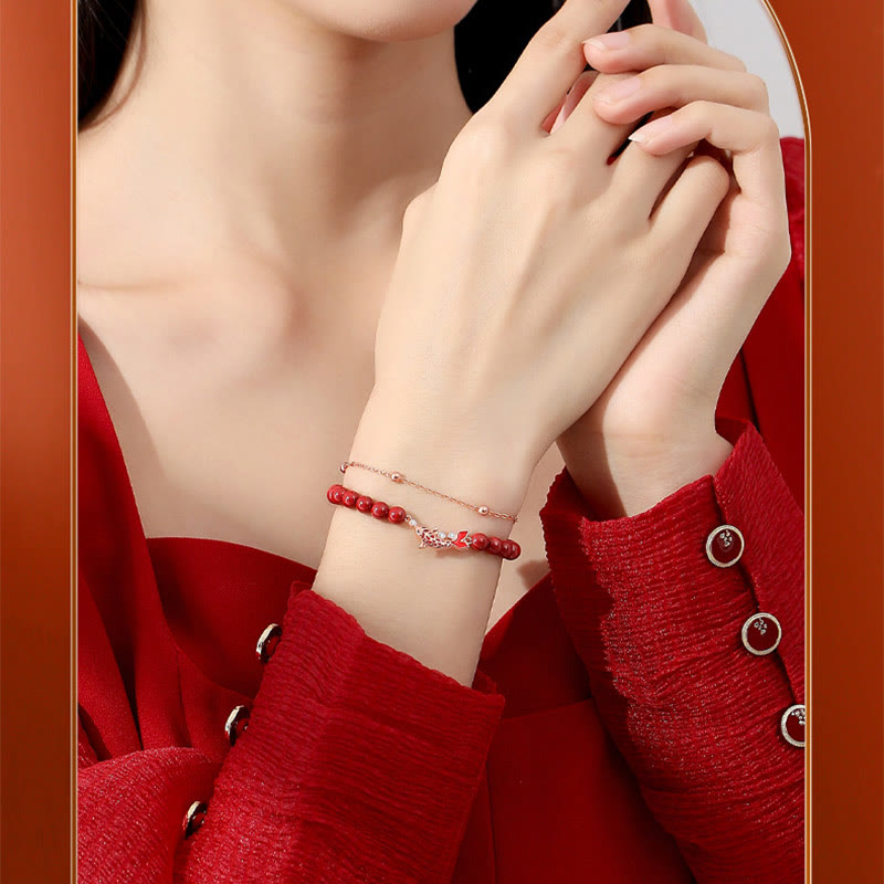 Nimara Ritual 925 Sterling Silver Lucky Koi Fish Cinnabar Zircon Prosperity Double Layer Chain Bracelet