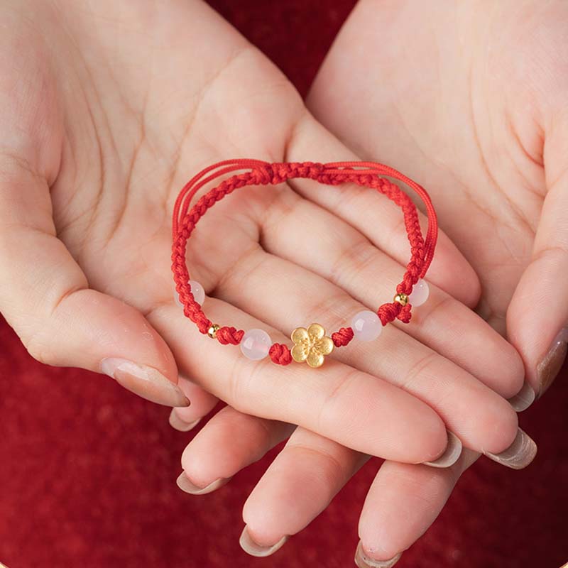 Nimara Ritual Handmade 925 Sterling Silver Peach Blossom Cherry Sakura Chalcedony Bead Luck Red Rope Bracelet