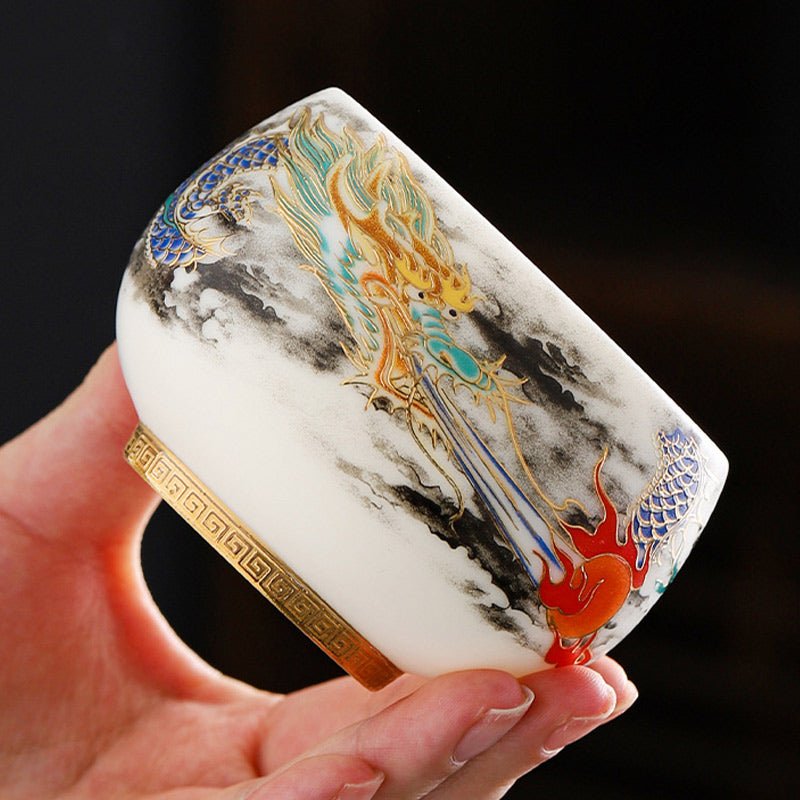 Nimara Ritual Dragon Playing With Pearl Design White Porcelain Ceramic Teacup Kung Fu Tea Cup 160ml