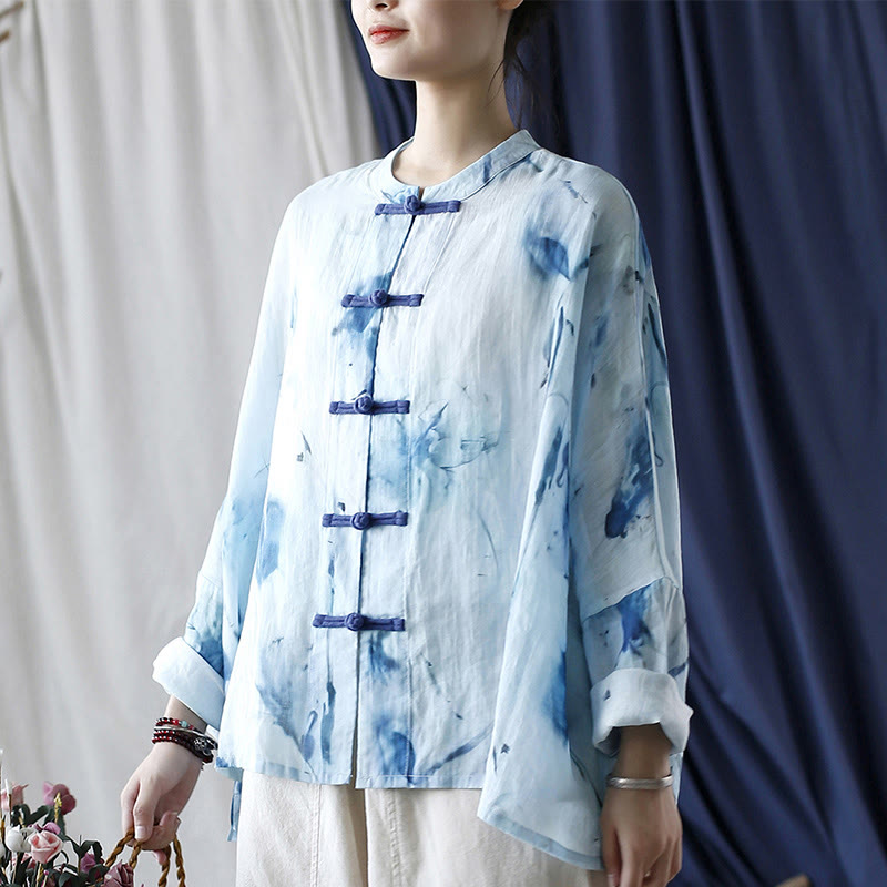 Nimara Ritual Tie Dye Blue Flowers Frog-Button Design Long Sleeve Ramie Linen Jacket Shirt