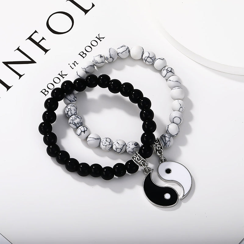 Nimara Ritual 2Pcs Black Onyx White Turquoise Bead Yin Yang Protection Couple Bracelet