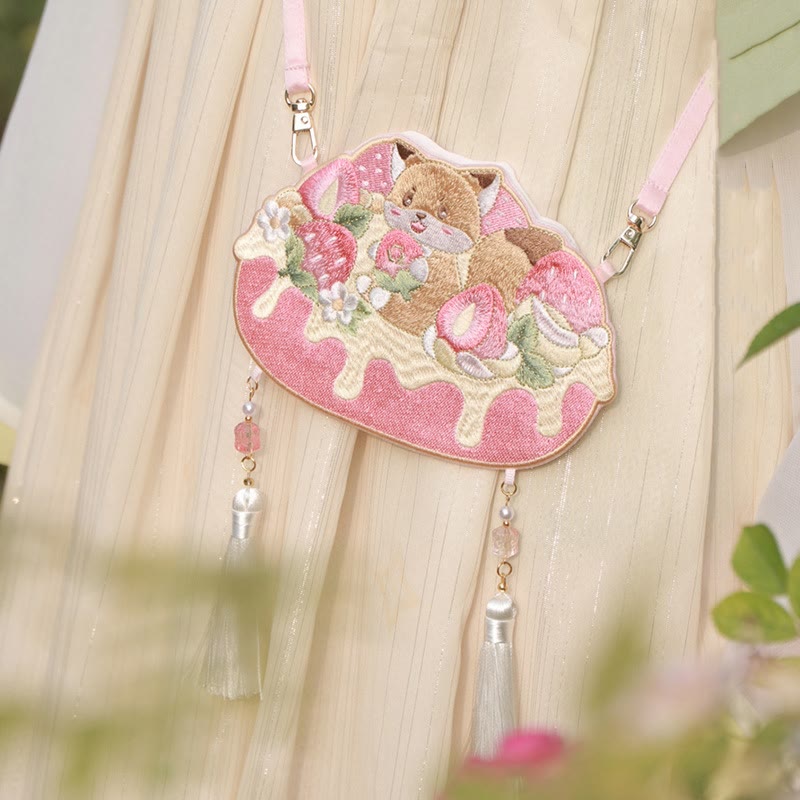 Nimara Ritual Embroidery Lucky Panda Cat Shiba Inu Deer Rabbit Fox Flower Cute Animal Hanfu Bag Crossbody Bag Shoulder Bag