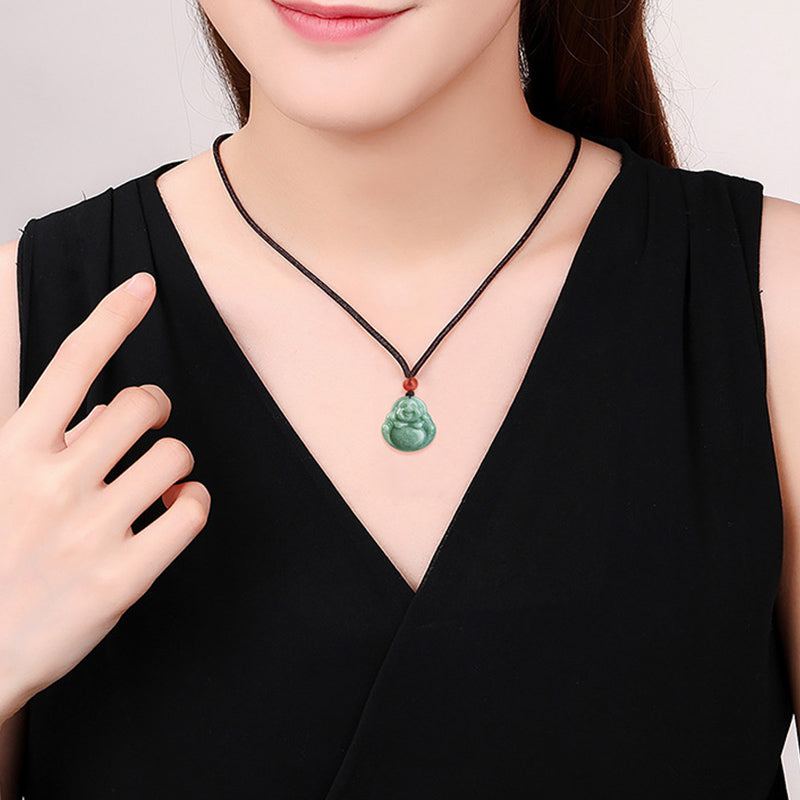 Nimara Ritual Laughing Buddha Cyan Jade Success Necklace String Pendant