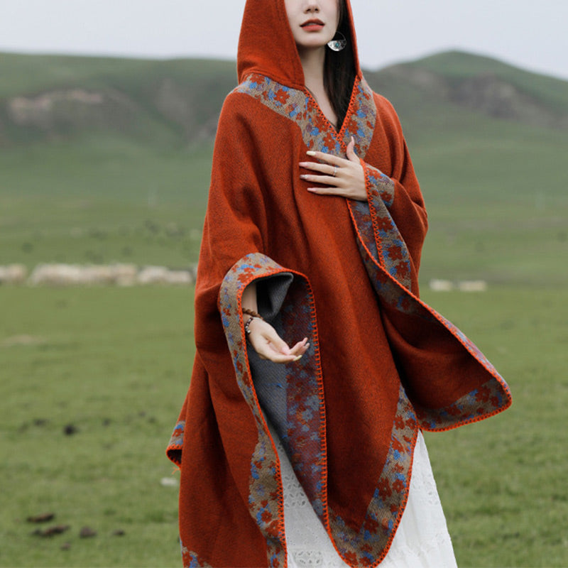 Nimara Ritual Tibetan Shawl Border Small Floral Flower Hooded Cloak Winter Cozy Travel Scarf Wrap