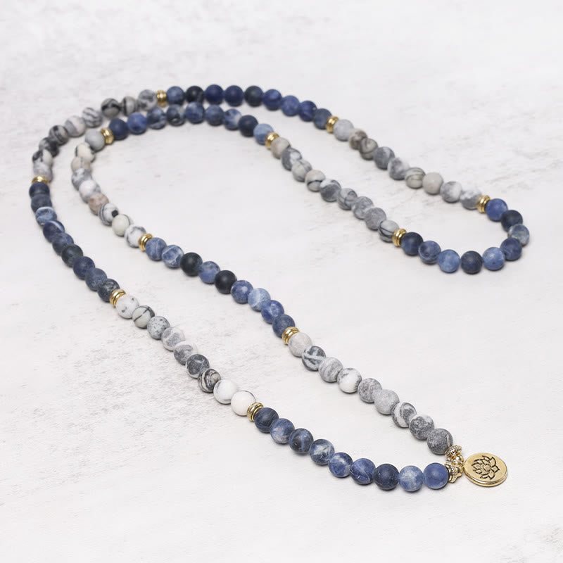 Nimara Ritual 108 Natural Stone Mala Bead Lotus Pendant Bracelet