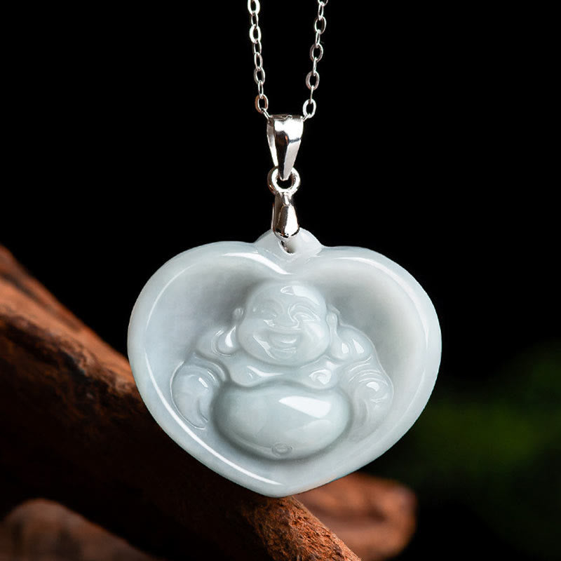 Nimara Ritual Laughing Buddha White Jade Luck Blessing Titanium Steel Chain Necklace Pendant