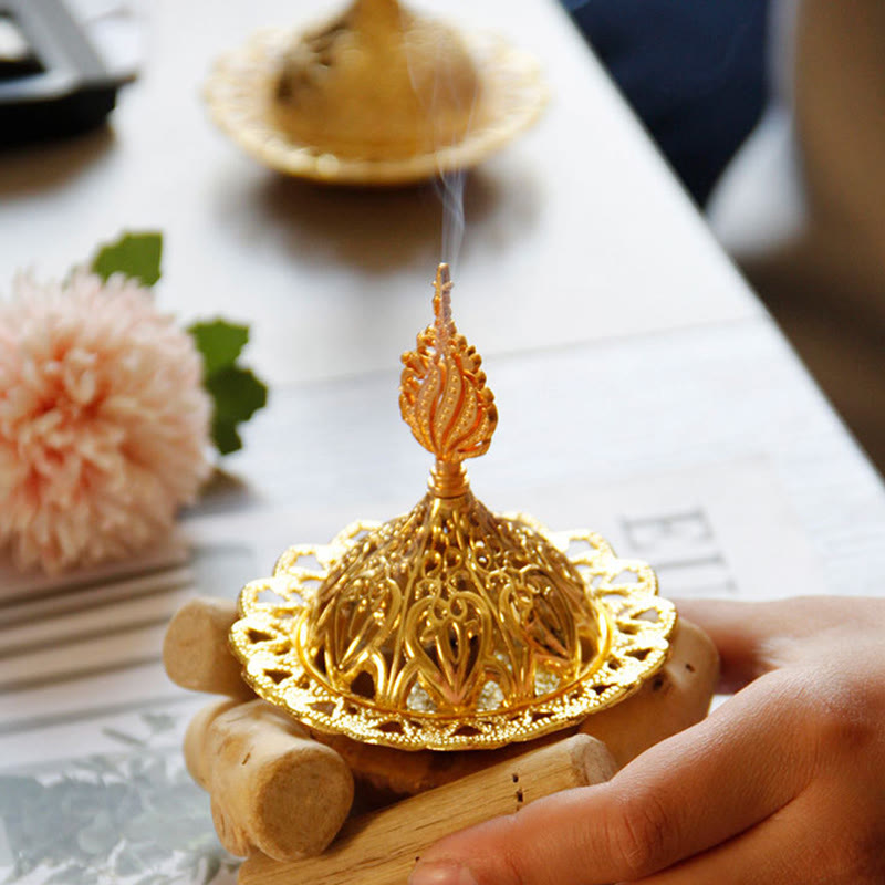 Nimara Ritual Gold Alloy Healing Mini Incense Burner With Wooden Coaster Home Decor
