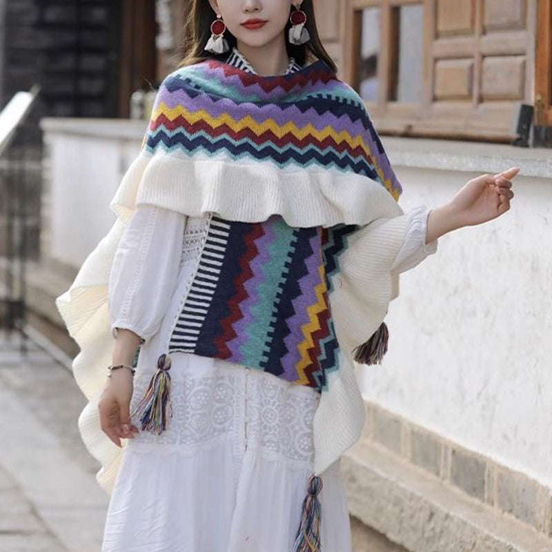 Nimara Ritual Tibetan Shawl Colorful Striped Wavy Line Tassels Winter Cozy Travel Scarf Wrap