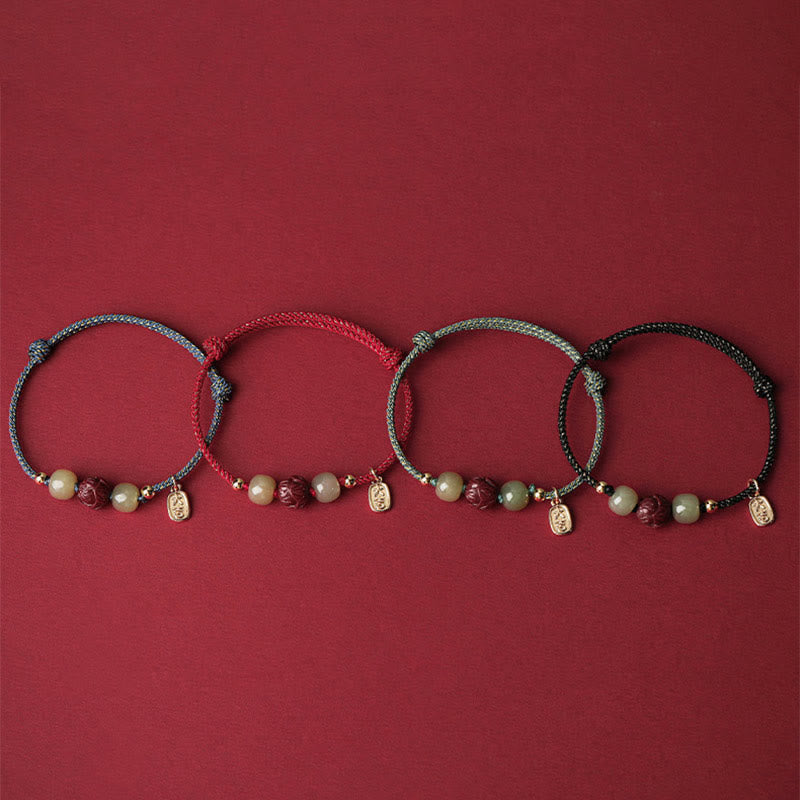 Nimara Ritual 14K Gold Plated Hetian Jade Cinnabar Lotus Luck Handcrafted Rope Bracelet
