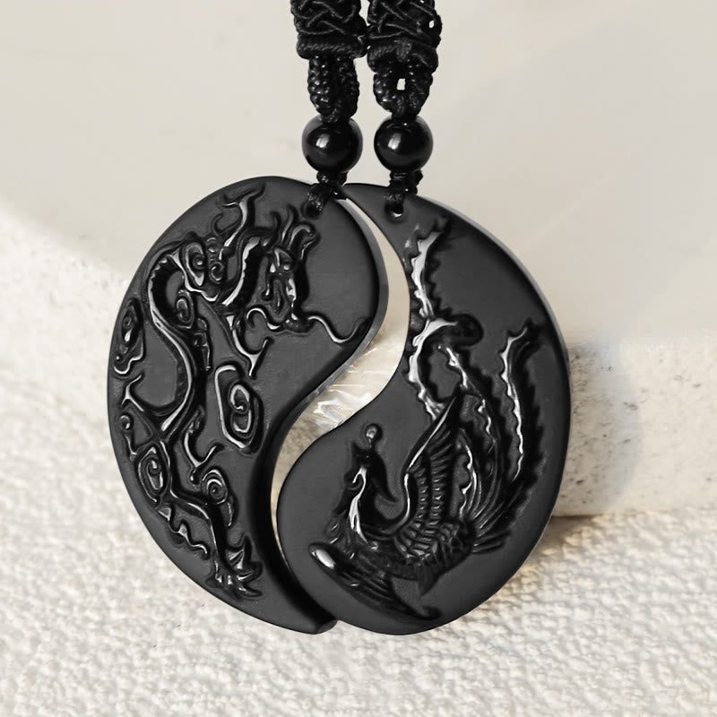 Nimara Ritual Black Obsidian Yin Yang Dragon Phoenix Luck Necklace Pendant
