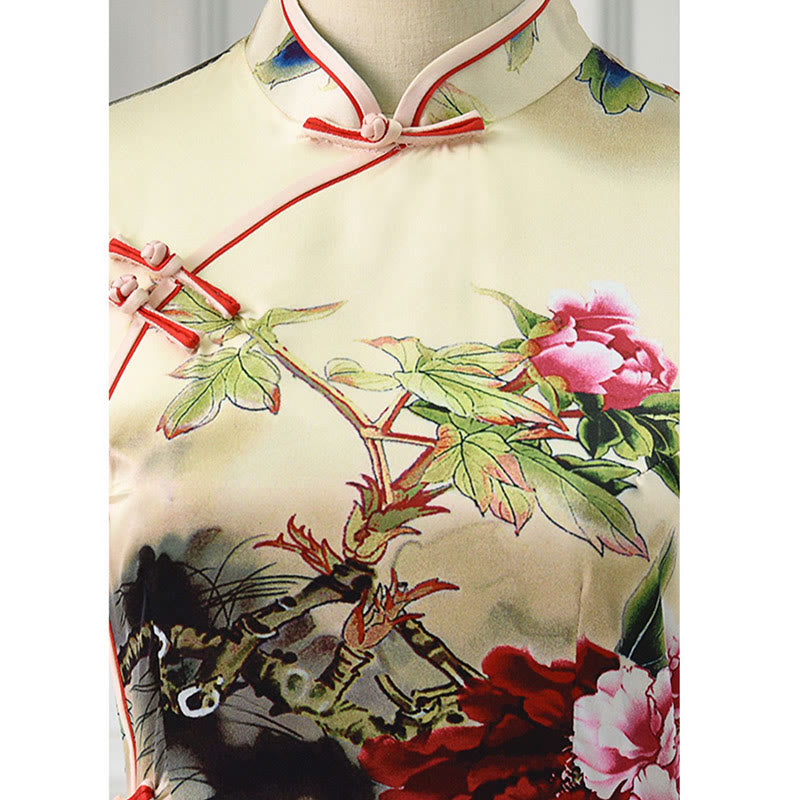 Nimara Ritual Peony Flower Print Cheongsam Dress Women's Qipao