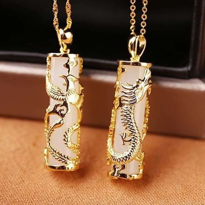 Nimara Ritual Jade Dragon Phoenix Copper Blessing Harmony Necklace Pendant