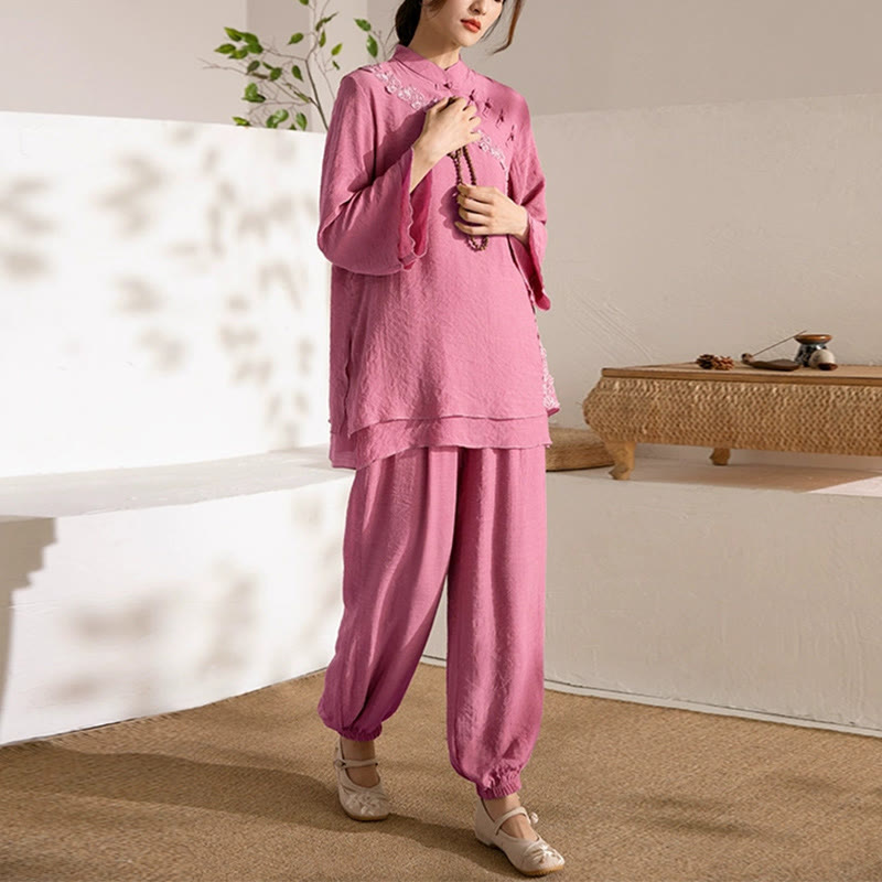 Nimara Ritual 2Pcs Long Sleeve Frog-Button Meditation Prayer Zen Practice Tai Chi Uniform Clothing Women's Set