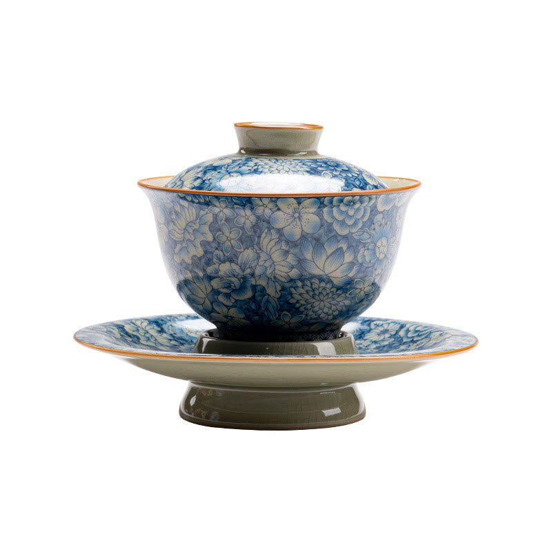 Nimara Ritual Vintage Blue And White Porcelain Peach Blossom Lotus Peony Ceramic Gaiwan Sancai Teacup Kung Fu Tea Cup And Saucer With Lid