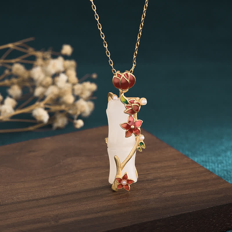 Nimara Ritual White Jade Bamboo Lotus Flowers Luck Protection Necklace Pendant