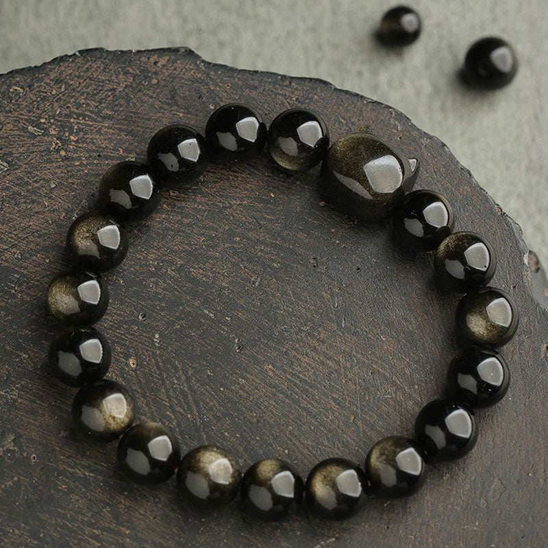 Nimara Ritual Gold Sheen Obsidian Silver Sheen Obsidian Lovely Paw Lucky Cat Protection Bracelet