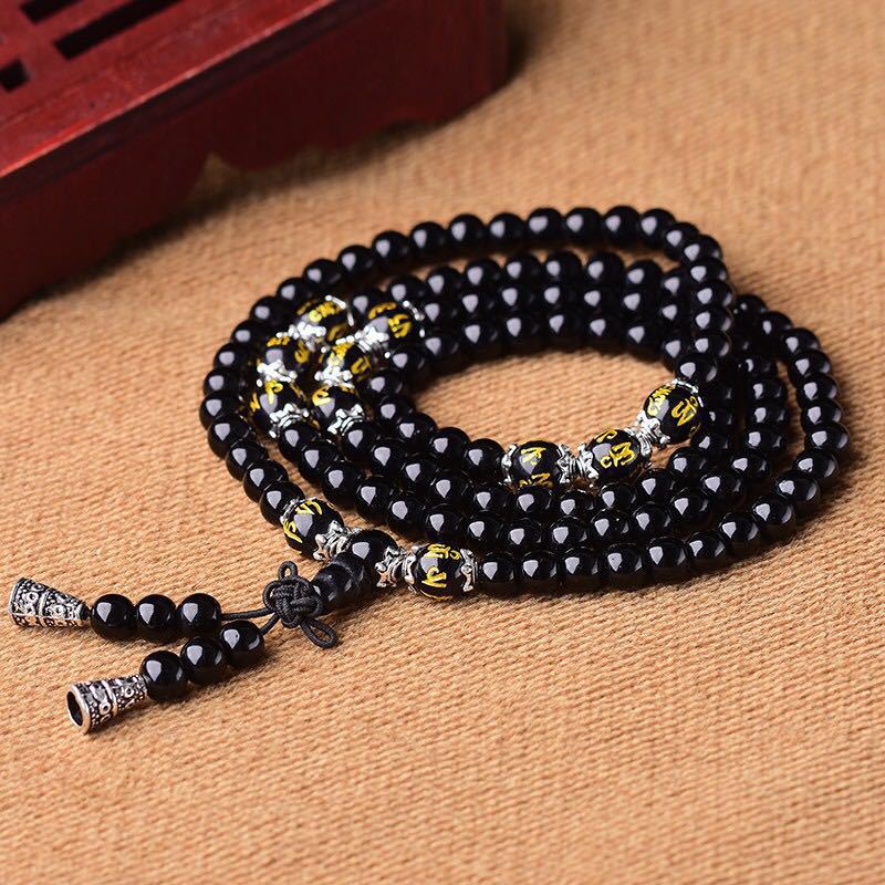 Nimara Ritual Black Obsidian Six True Words Protection Mala Bracelet