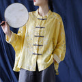 Nimara Ritual Yellow Phoenix Print Frog-button Design Long Sleeve Ramie Linen Jacket Shirt