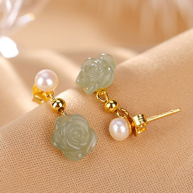 Nimara Ritual 925 Sterling Silver Plated Gold Jade Rose Flower Cyan Jade Pearl Luck Earrings