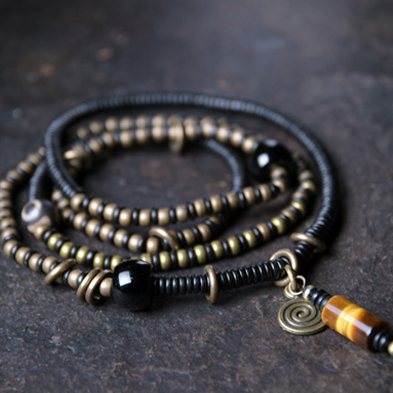 Nimara Ritual Ebony Wood Dzi Bead Copper Peace Couple Bracelet Necklace Pendant