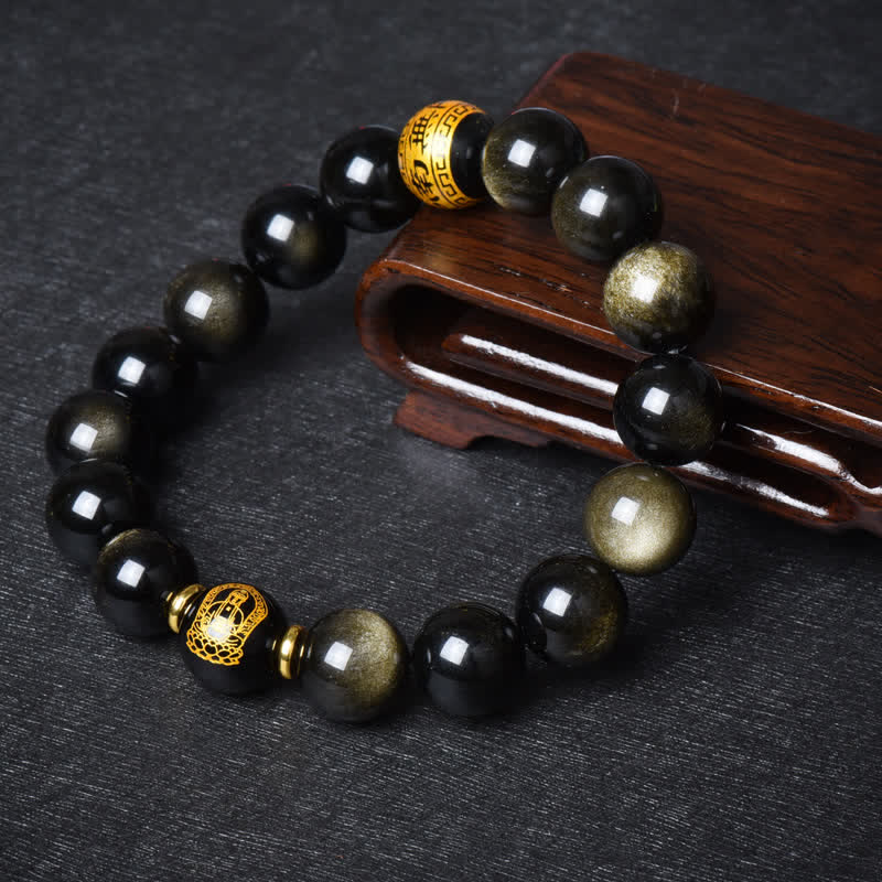 Nimara Ritual Chinese Zodiac Natal Buddha Gold Sheen Obsidian Wealth Protection Bracelet