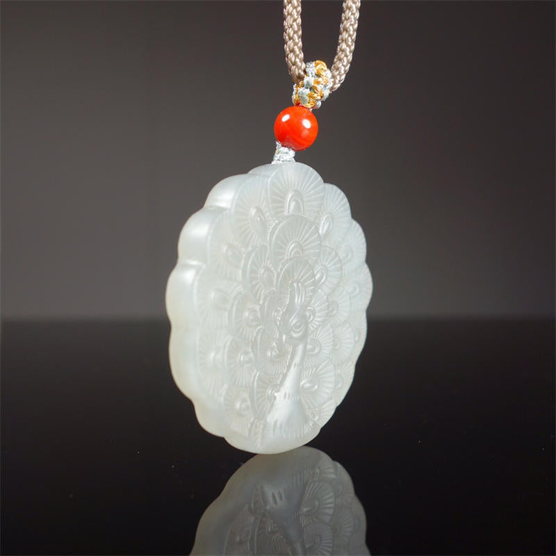Nimara Ritual White Jade Peacock Protection Blessing Necklace Pendant