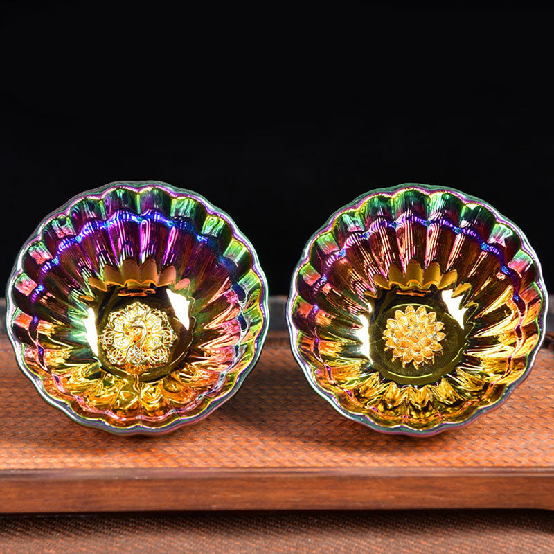 Nimara Ritual Lotus Peacock Inlaid Multicolored Chinese Jianzhan Ceramic Teacup Kung Fu Tea Cup