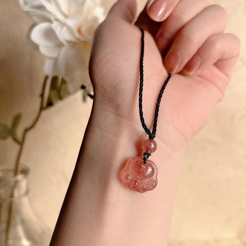 Nimara Ritual Strawberry Quartz Lovely Cat Paw Claw Healing Necklace Pendant