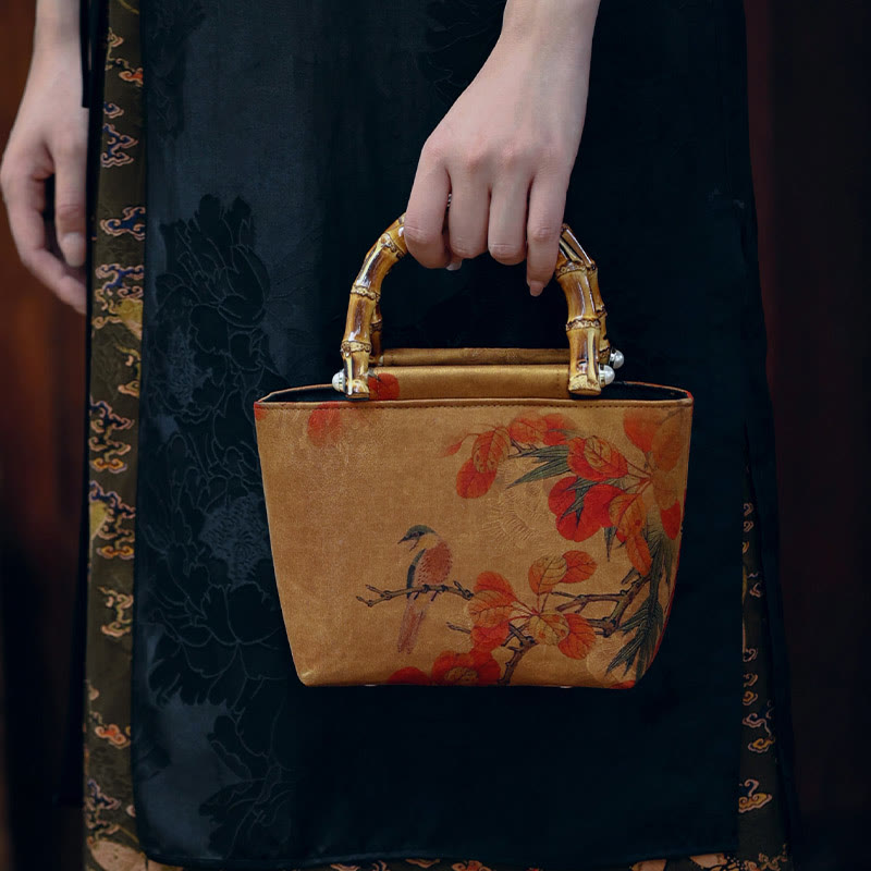 Nimara Ritual Yellow Bird Branches Green Peony Flower Bamboo Handles Handbag