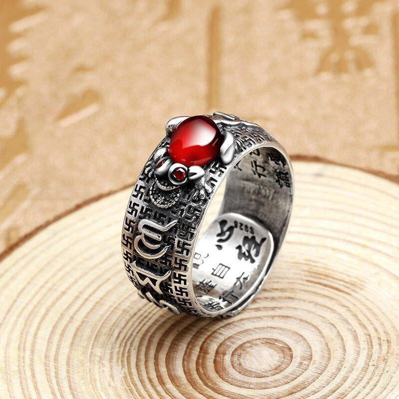 Nimara Ritual Genstone PiXiu Feng Shui Frog Vajra Dorje Heart Sutra Wealth Adjustable Ring