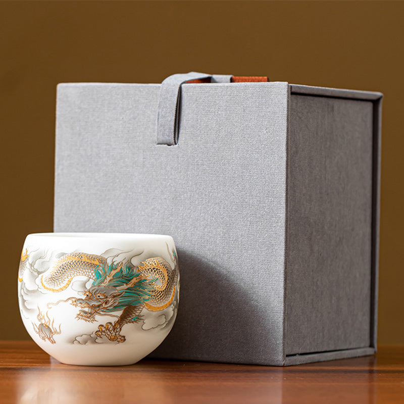 Nimara Ritual Dragon Phoenix Auspicious Clouds Ceramic Teacup Kung Fu Tea Cup With Gift Box